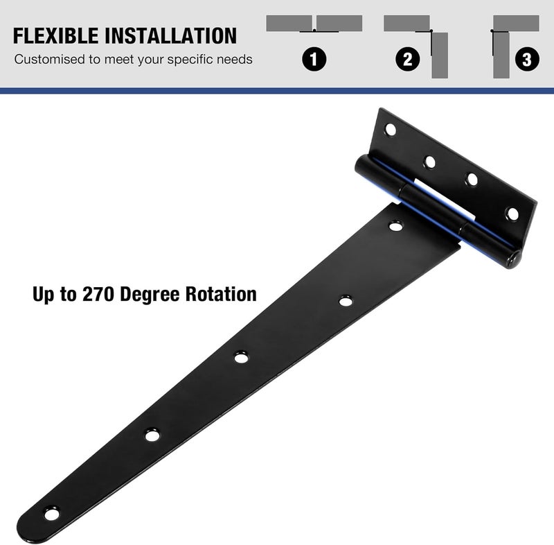 TDCHINGES 12 Inch Heavy Duty T Strap Tee Hinge 6 Pack Barn Farm Fence Gate Door Hinges for Shed Doors Outdoor Kitchen Wood Cabinet Interior Exterior Window Bar Shop Matte Blake Door Hinge Hardware - Image 4